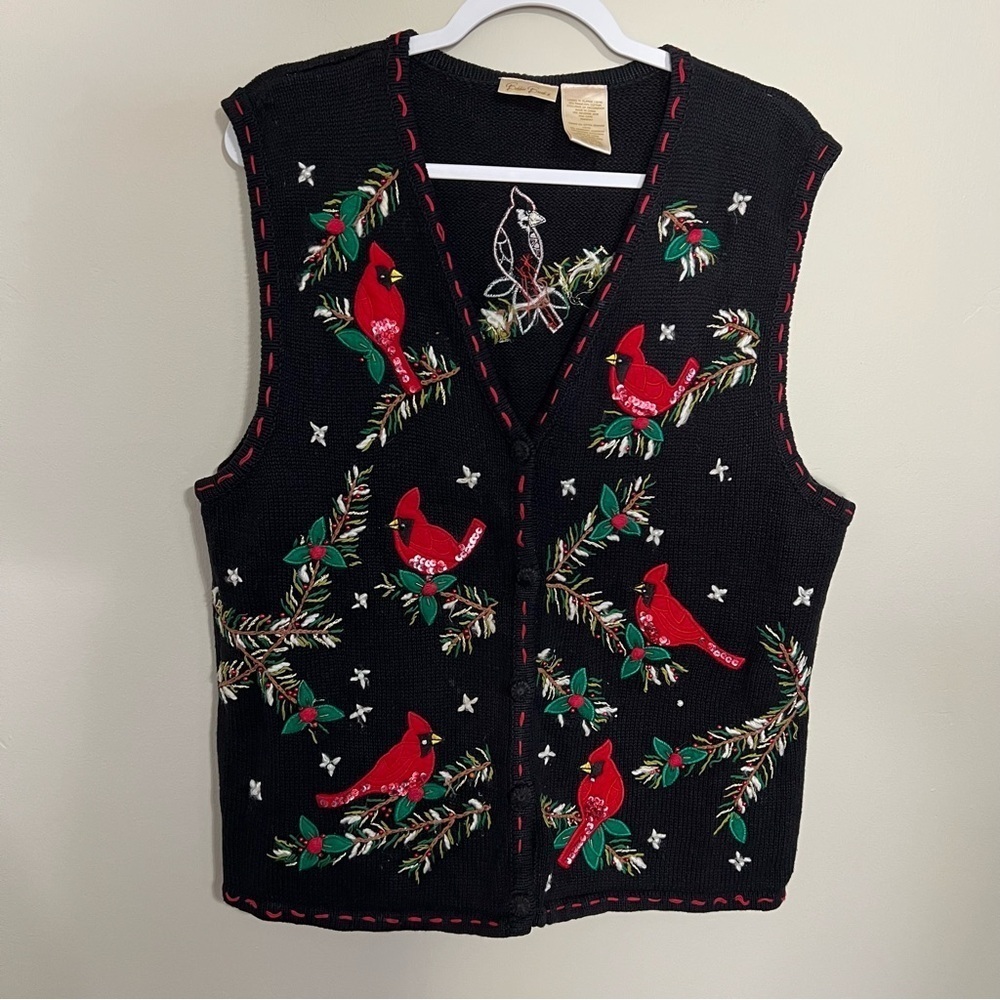 Vintage Bobbie Brooks Christmas Cardinal Holiday Embroidered Sweater Vest sz XL